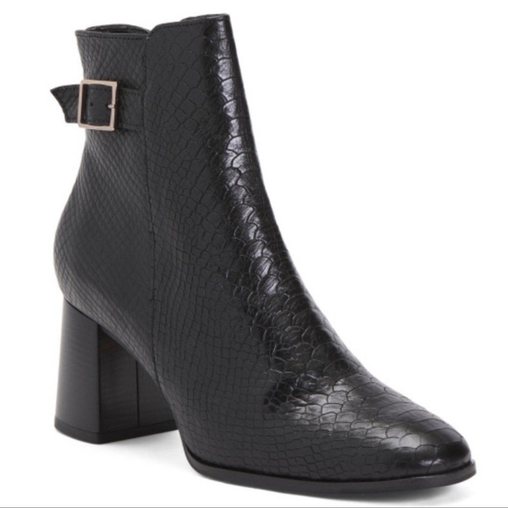 ANTONIO DE FARIA Black Made In Portugal Leather Snake Square‎ Toe Booties